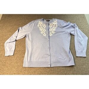 Lands' End Cardigan Women's  Blue White embossed  Floral Classic Coastal Career